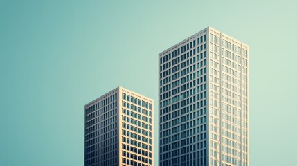 Obraz premium Two modern skyscrapers against a clear sky.