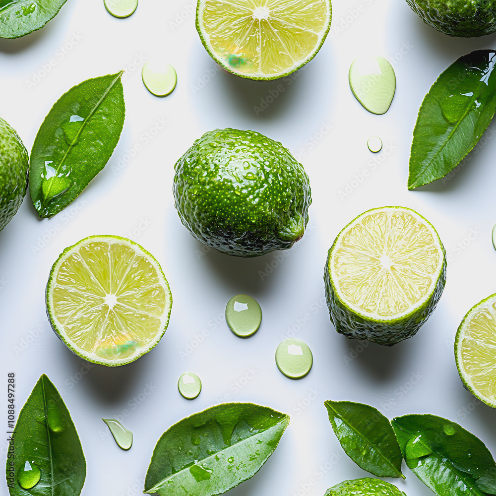 Poster fresh green limes and sliced citrus fruits on white background surrounded by green leaves creating a