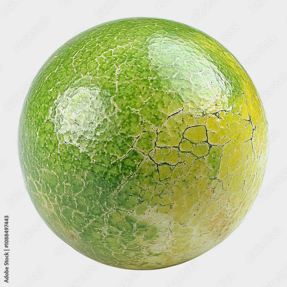 Poster textured spherical object featuring a gradient of green and yellow hues showcasing intricate cracked