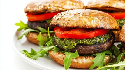 A plate of grilled portobello mushroom burgers with roasted red peppers, arugula, and a smear of pesto on whole grain buns