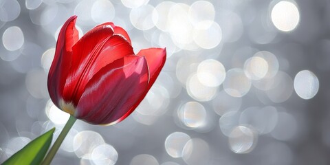 Red tulip displayed against a silver background, highlighting the vibrant color of the red tulip...