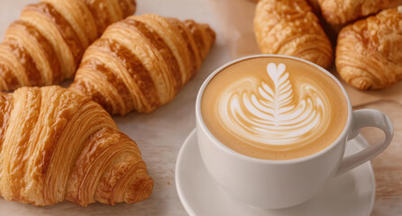 Coffee barista and bakery. Delicious latte art with fresh croissants on wooden table