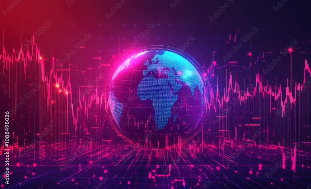 Poster colorful digital globe surrounded by vibrant data graphs representing global connectivity and techno