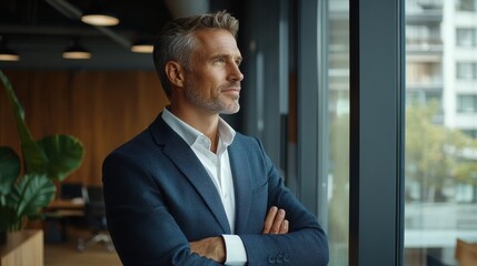 Happy confident mature 45-year-old business man investor standing in office looking away. Middle-aged rich business owner male CEO executive leader wearing suit at work thinking on future success