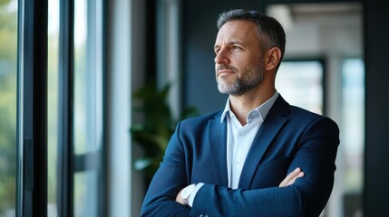 Happy confident mature 45-year-old business man investor standing in office looking away. Middle-aged rich business owner male CEO executive leader wearing suit at work thinking on future success