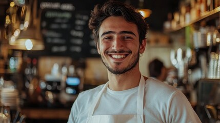 Obraz premium Young man looking at the camera with a bright smile while wearing a white apron in a cozy cafe. Male entrepreneur embodying success, hospitality, and small business owner vibes