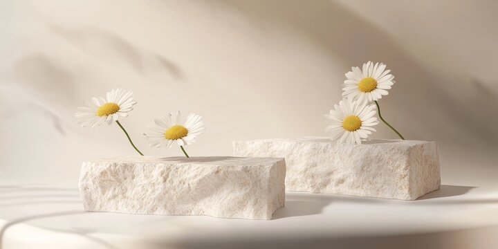 White stone podiums showcase fresh Chamomilla flowers against an empty backdrop, highlighting the beauty of Chamomilla Matricaria chamomilla known for its benefits in addressing various skin concerns.