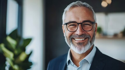 Fototapeta premium Close-up headshot portrait of happy middle-aged older professional business man, smiling bearded mature executive CEO manager, older male entrepreneur, rich confident business owner in office