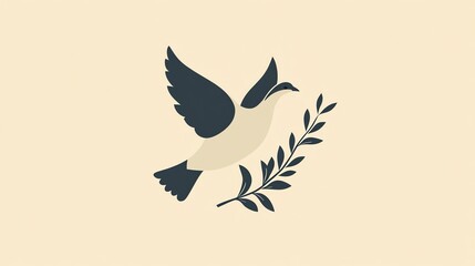 A stylized dove with an olive branch in its beak against a beige background.