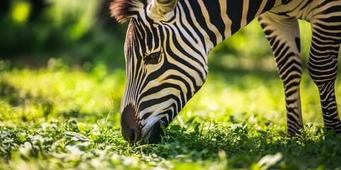 Close up of a zebra eating grass, showcasing the unique patterns and behavior of the zebra during a feeding session in its natural habitat. The zebra enjoys the grass while surrounded by greenery.