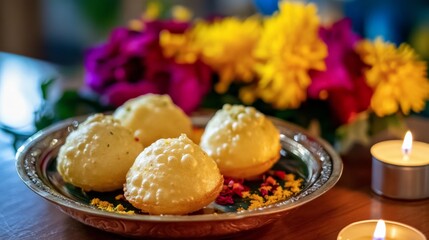 Festive Plate of Pani Puri Surrounded by Flowers and Candles