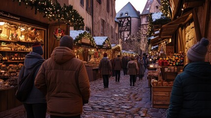Obraz premium Tourists and Christmas Markets in the old medieval town of Riquewihr, Haut-Rhin department, Alsace, France
