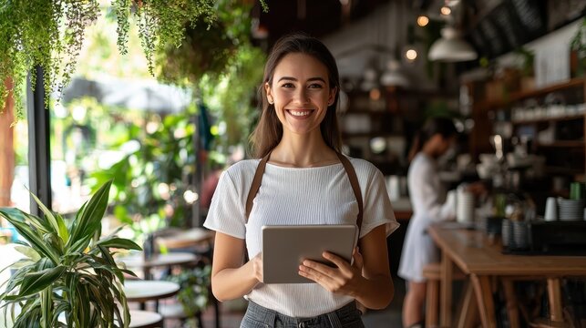 Happy young entrepreneur embraces technology in a vibrant cafee, holding a digital tablet in hand. Female cafe owner stands confidently in her successful small business