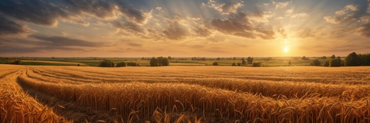 Rural landscape with wheat field flow with air on sunset