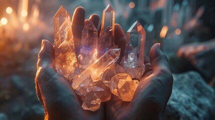 A hand holding a cluster of glowing transparent crystals. Mystical or magical object. Concept of wonder, energy radiating, auras, sacred geometry, cosmic symbols.