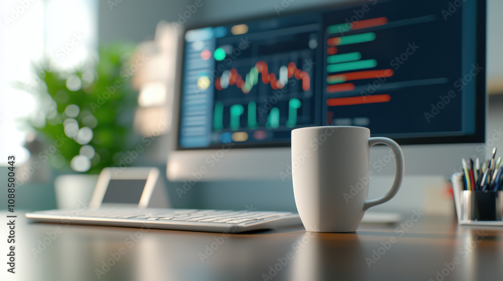 Poster sleek workstation featuring computer monitor displaying data analytics, white coffee mug, and organi