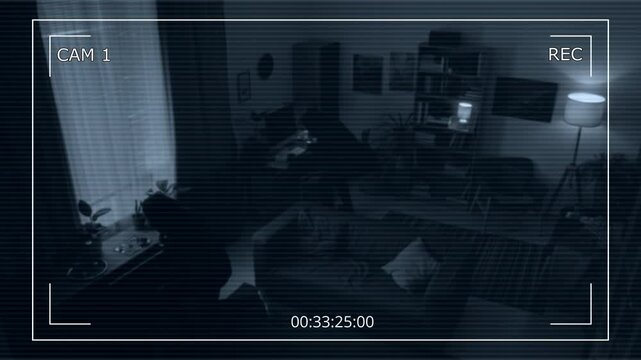 Security camera video of two unknown thieves in total black outfit entering living room of apartment, stealing jewellery and checking closet