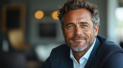 Happy middle-aged businessman looking away, smiling, in a grey office setting.