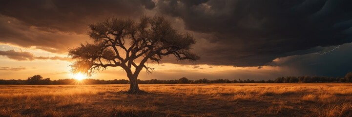 Obraz premium Storm sky Tree with dry grass field at sunset with the sun in the background