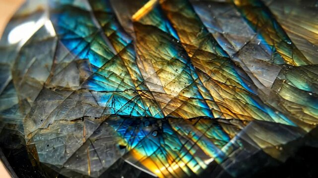 Shimmering labradorite rotating under light revealing iridescent patterns
