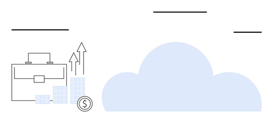 Briefcase beside stacked coins and upward arrow indicating growth. Large cloud shape representing cloud computing. Ideal for business, finance, technology, investment, data storage, analytics, cloud