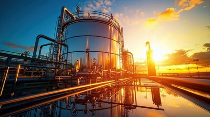 Fototapeta premium Industrial Hydrogen Storage Tank: Modern Facility with Safety Valves and Monitoring Systems under Clear Sky