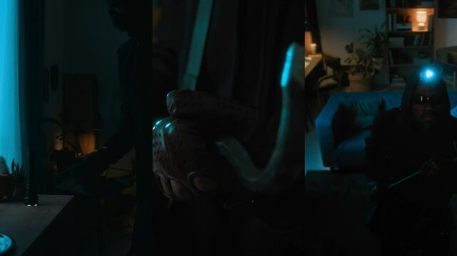 Split screen of two diverse thieves with flashlights and crowbar stealing jewellery from apartment and noticing hidden camera