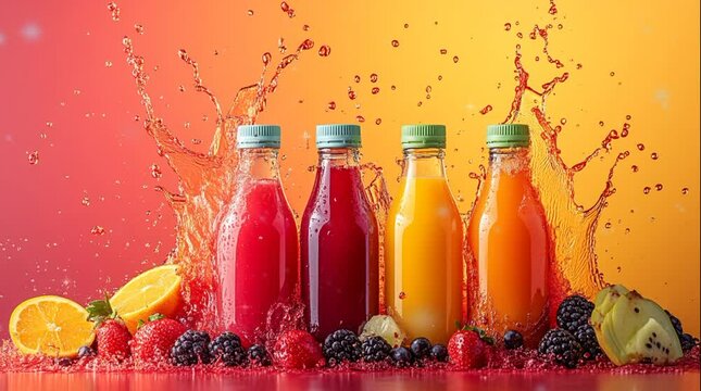 Realistic various juice splash. Splashing juice motion with fruit sliced and splash water 