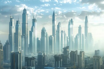A futuristic cityscape with towering skyscrapers being built ,A skyline of towering buildings shrouded in fog, evoking a sense of intrigue and urban mystique.