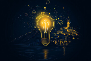 Golden glowing light bulb blending with a dreamy night cityscape, symbolizing creativity, ideas, innovation, and inspiration against a starry sky with constellations and reflections

