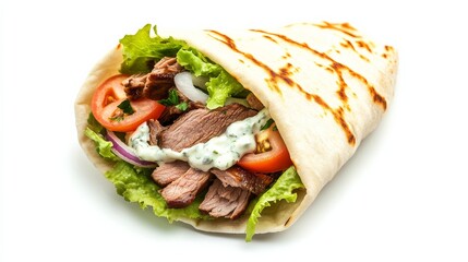 A plate of Mediterranean lamb gyros with seasoned lamb, tzatziki sauce, tomatoes