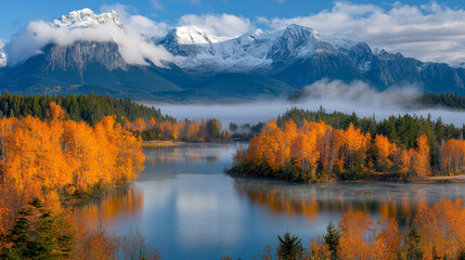 Obraz premium sunlight casting over foggy mountains and an autumn forest. AI generative.