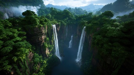 Stunning complex valley biome featuring cascading waterfalls amidst lush greenery and diverse wildlife.