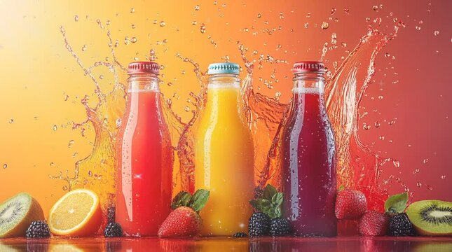 Realistic various juice splash. Splashing juice motion with fruit sliced and splash water 