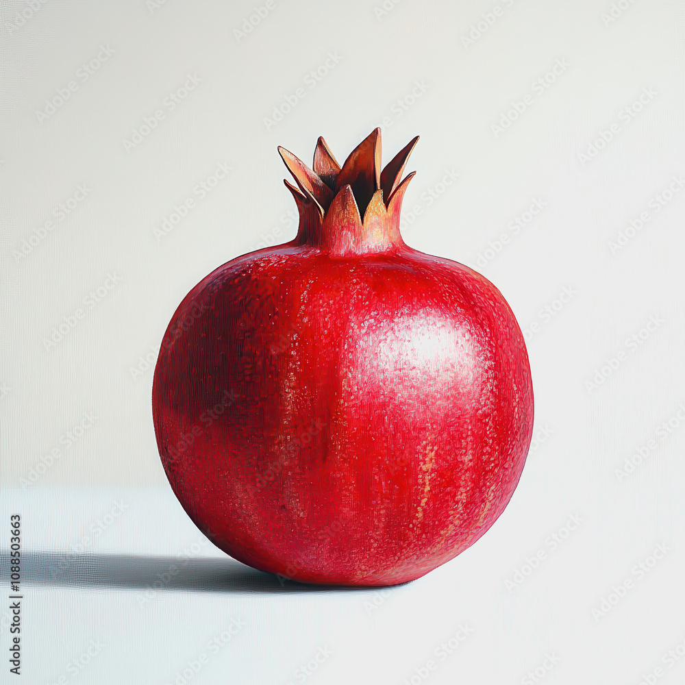 Poster Fresh Red Pomegranate Displayed on a Minimalistic Background Highlighting Its Textured Skin and Distinctive Crown Shape for Culinary or Health-Focused Imagery