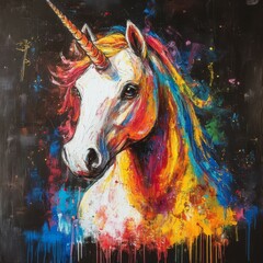 Abstract painting of a unicorn's head.