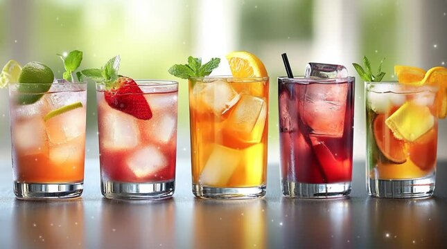 Row of glasses filled with different types of fruit drinks.  lemonades and cocktails. Suitable for beverage concept