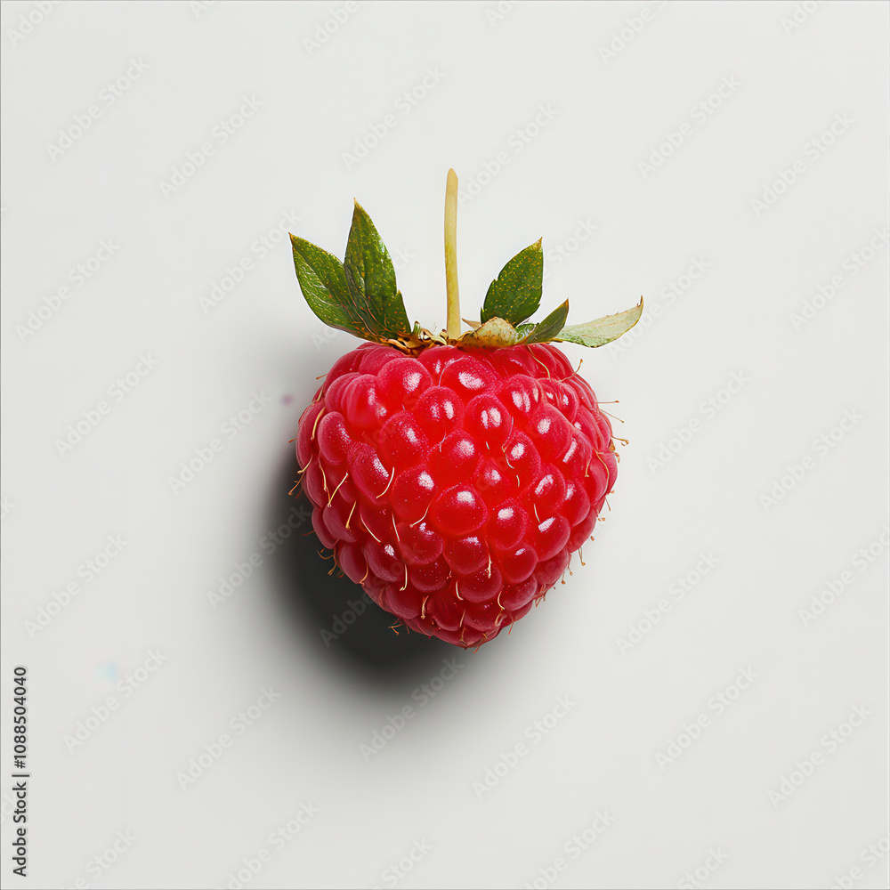 Poster freshly picked raspberry with dazzling red color and lush green leaves against a minimalist backgrou