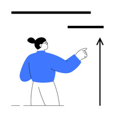 Fototapeta premium Person in blue pointing upward beside lines and arrow symbolizing progress goals, and direction. Ideal for motivation, business strategy, leadership, focus, planning, aspiration. Line metaphor