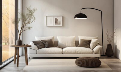 Modern Minimalist Living Room Interior Design Beige Sofa Floor Lamp Autumn View