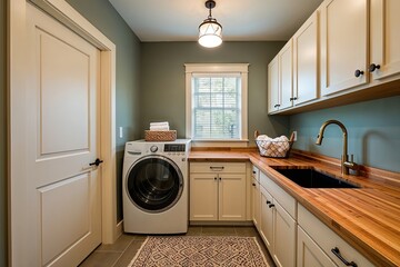 Chic and Comfortable Laundry Space Featuring Front-Load Washer and Bamboo Countertop