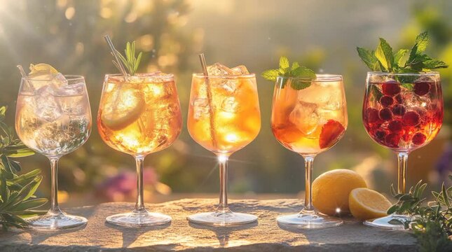Row of glasses filled with different types of fruit drinks.  lemonades and cocktails. Suitable for beverage concept