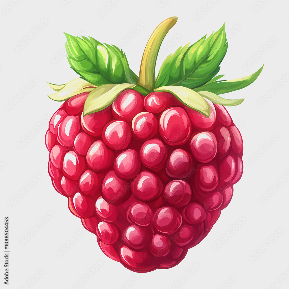 Poster vibrant and luscious raspberry with glossy texture and fresh green leaves on a light background for 
