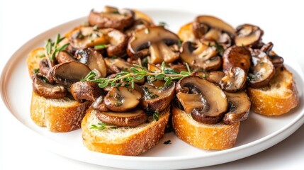 A plate of savory mushroom bruschetta with sautéed mushrooms, garlic, and thyme on toasted baguette slices