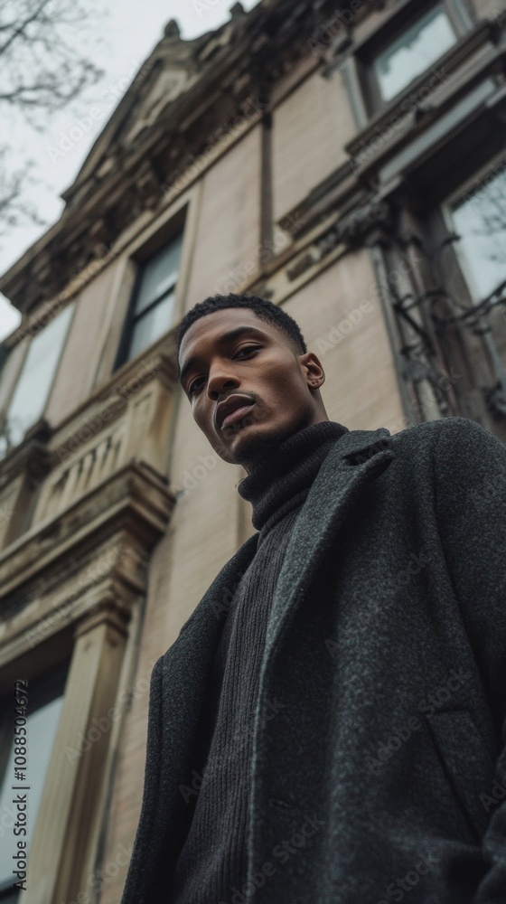Aufkleber a man in a black coat stands in front of a building