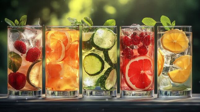 Row of glasses filled with different types of fruit drinks.  lemonades and cocktails. Suitable for beverage concept