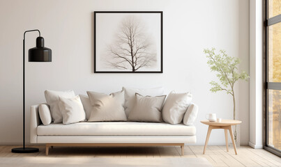 Modern Minimalist Living Room Interior White Sofa Floor Lamp and Greenery