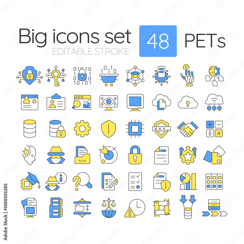 Poster Privacy-enhancing technologies RGB color icons set. Data security, protection and encryption. Isolated vector illustrations. Simple filled line drawings collection. Editable stroke