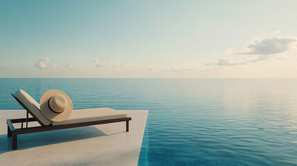 beach vacation, panoramic infinity pool with deckchair and hat in luxury hotel resort