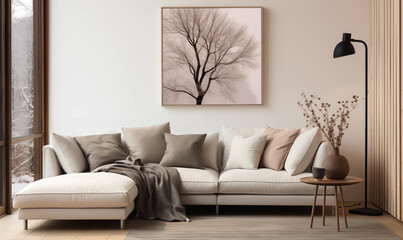 Beige Sectional Sofa in Modern Living Room with Tree Artwork